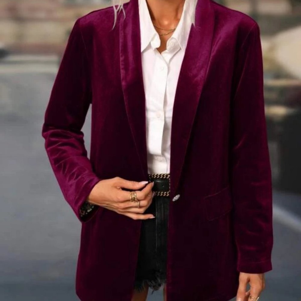 button closure Shawl Collar Velvet Blazer Burgundy